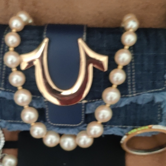 Denim Clutch with Gold Accent and Pearl Jewelry - Picture 13 of 16
